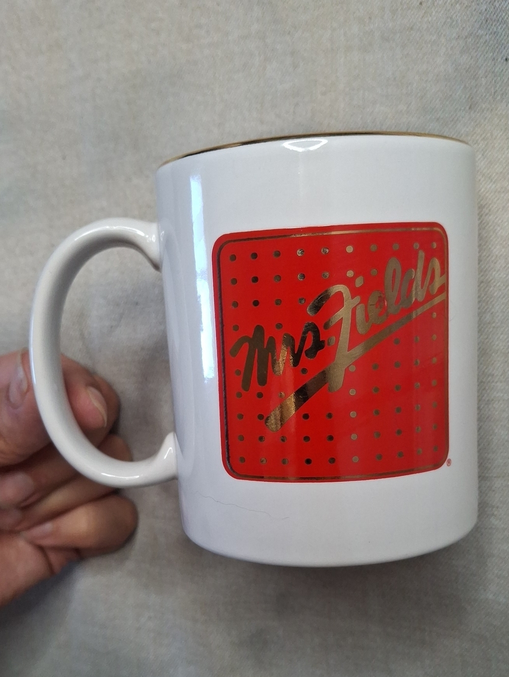 Vintage Mrs. Fields Cookies Ceramic Mug White Red Gold Made in USA 80s 90s
